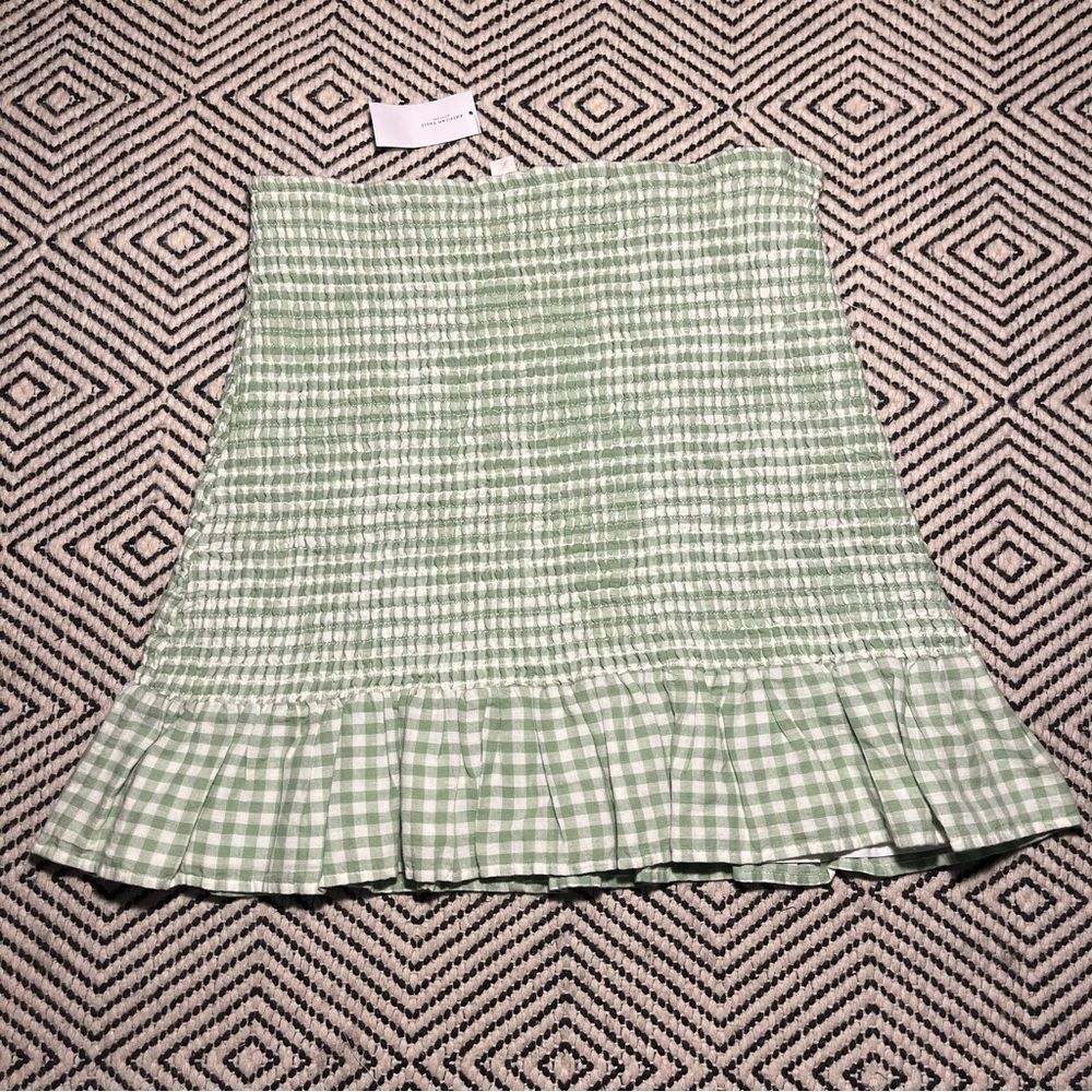 NWT Cotton Linen Blend Green Gingham Smocked Skirt XXL girly spring with ruffle